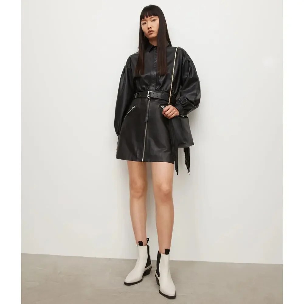 AllSaints Piper Sheep Leather Skirt Black Size 2